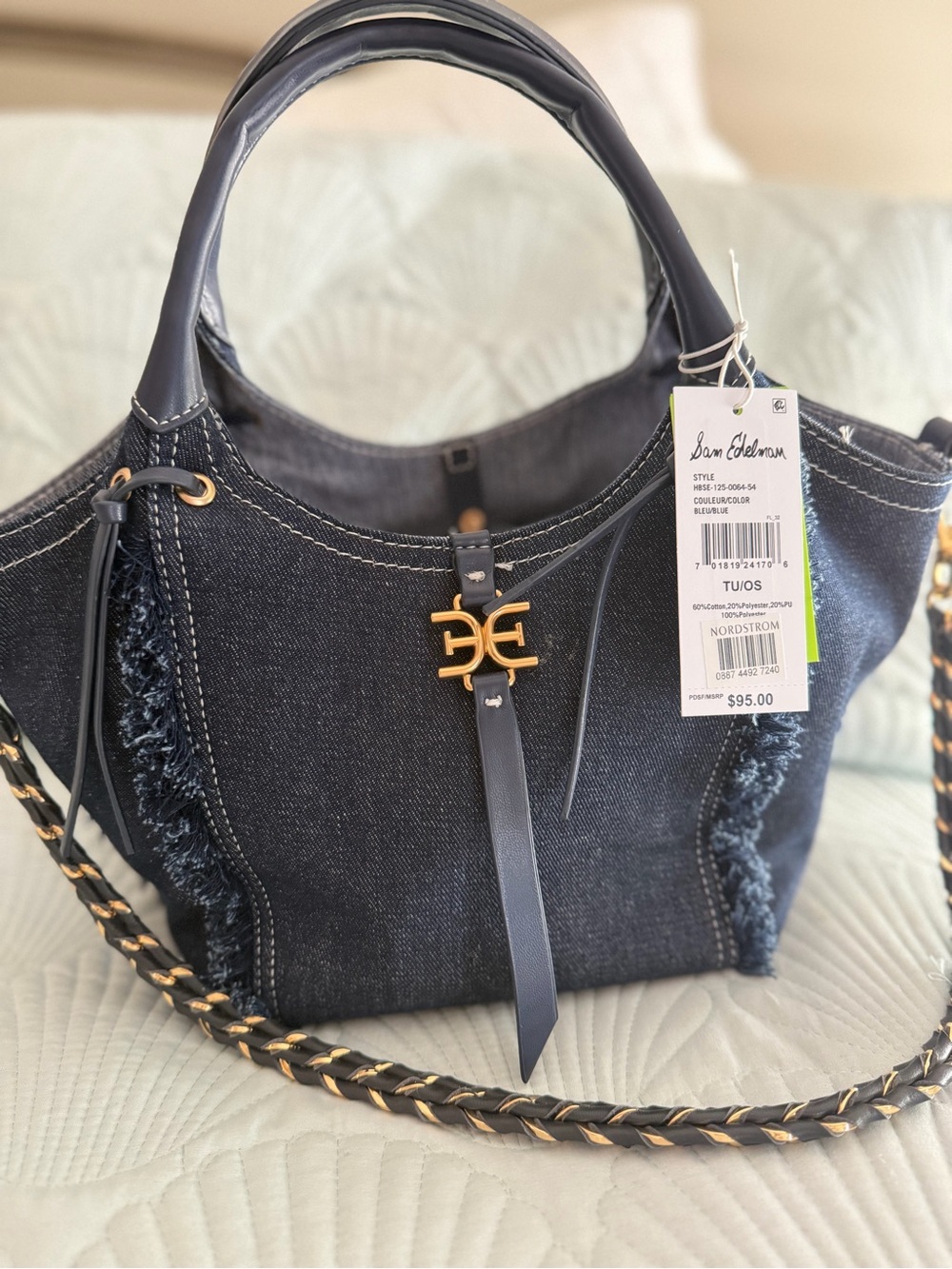 Sam Edelman Dark Blue Denim Shoulder Hobo with Gold Hardware
